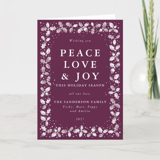 Tarjeta Festiva Winterberry Peace Love & Joy Hand Printly (Anverso)