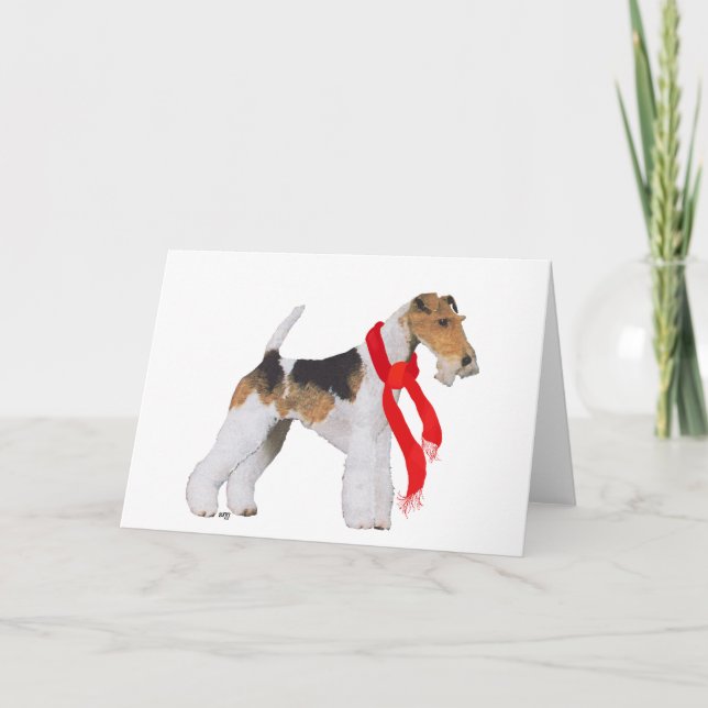 Tarjeta Festiva Wire Fox Terrier con una bufanda (Anverso)