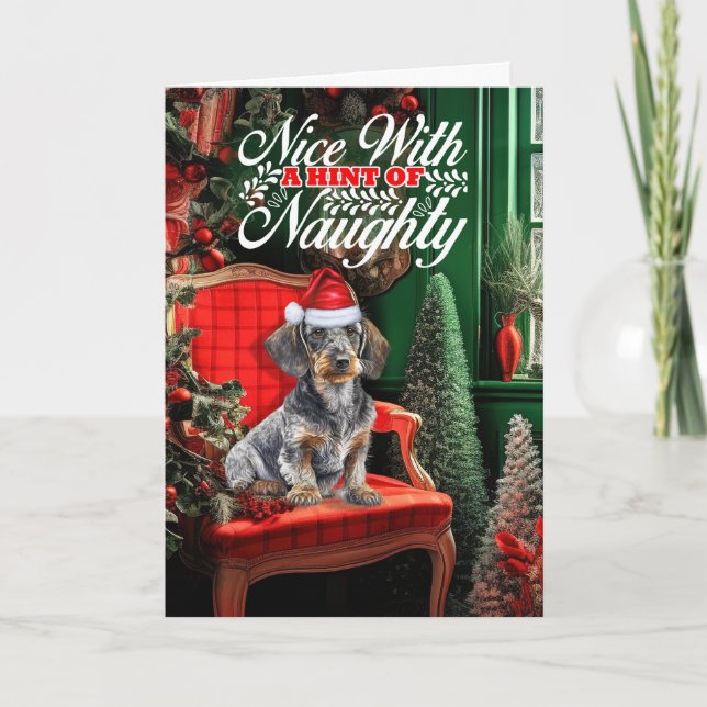 Tarjeta Festiva Wirehair Dachshund Navidades Dog Naughty Nice (Anverso)