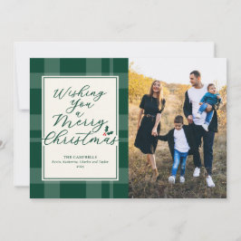 Tarjeta Festiva Wishing A Merry Christmas Green Plaid Photo Card