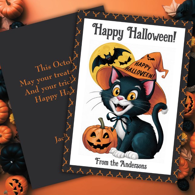 Tarjeta Festiva Witchy Black Cat Cute Custom Halloween (Witchy Black Cat Cute Custom Halloween Holiday Card)