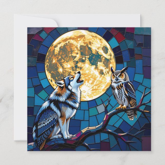 Tarjeta Festiva  Wolf and Owl Mosaic Art | Saying Hi (Anverso)