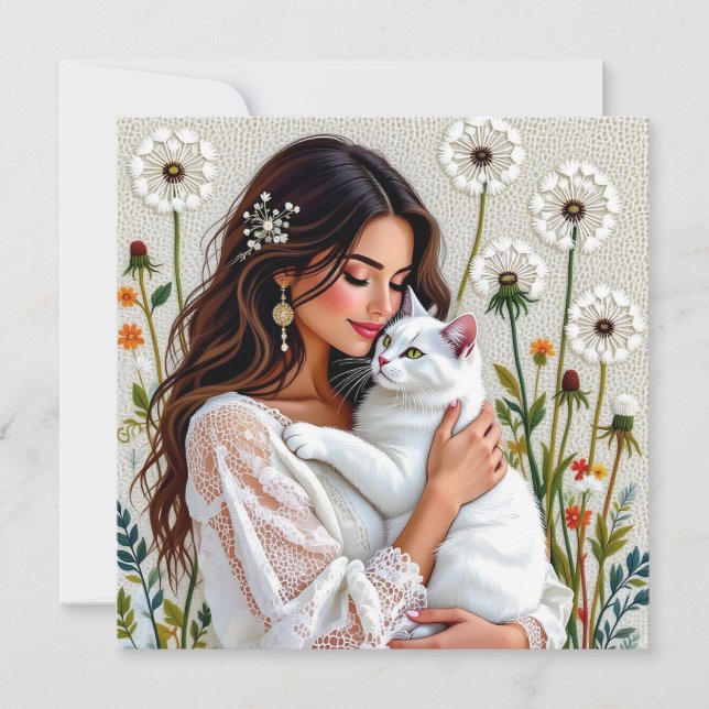 Tarjeta Festiva Woman and White Cat and Dandelions  (Anverso)