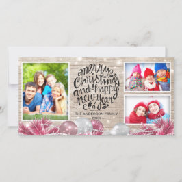 Tarjeta Festiva Wood Merry Christmas Happy New Year Grey Photo