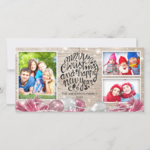 Tarjeta Festiva Wood Merry Christmas Happy New Year Grey Photo