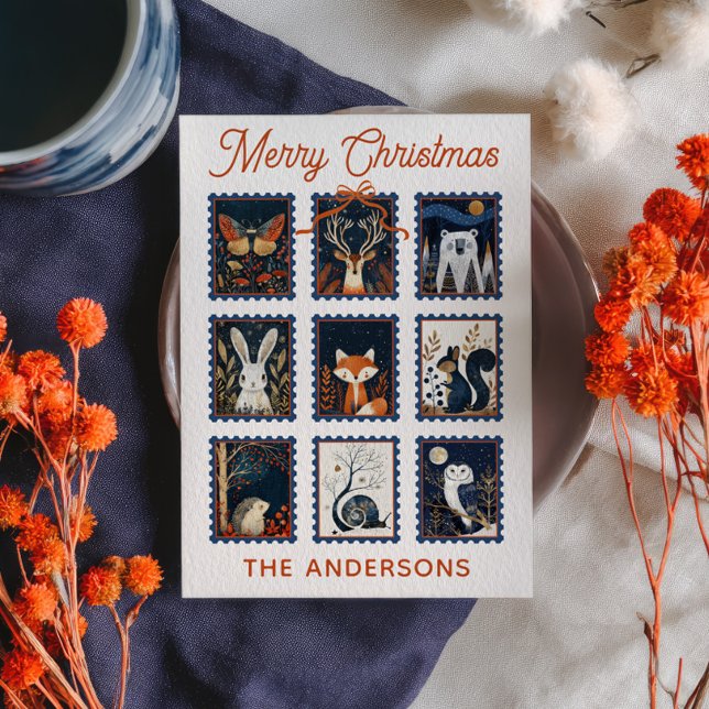 Tarjeta Festiva Woodland Animal Stamps Collage Merry Christmas  (Subido por el creador)