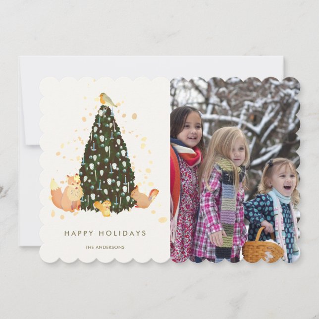 Tarjeta Festiva Woodland Animals Christmas Tree White Photo Card (Anverso)