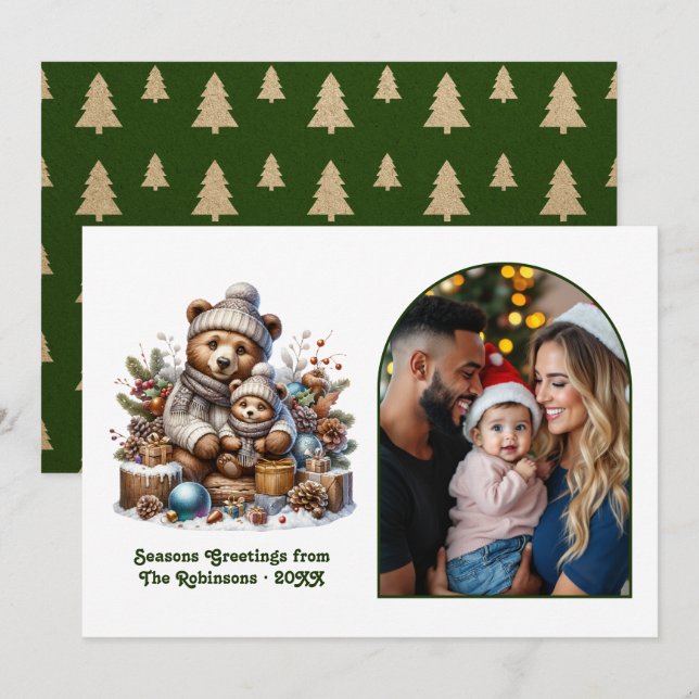 Tarjeta Festiva Woodland Bear Cub Family Cozy Forest Christmas (Anverso / Reverso)