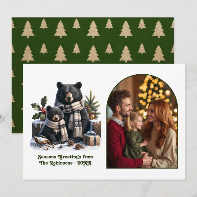 Tarjeta Festiva Woodland Bear Family Cozy Forest Christmas Photo (Anverso / Reverso)
