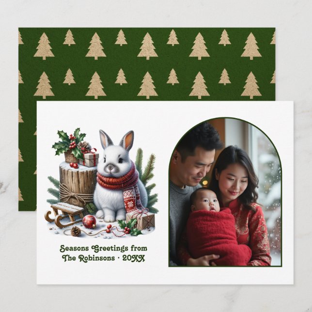 Tarjeta Festiva Woodland Bunny Cozy Forest Christmas Holiday Photo (Anverso / Reverso)