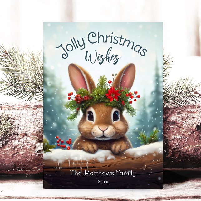 Tarjeta Festiva Woodland Bunny Rabbit Jolly Navidades Snowy Pines (Adorable Winter Snowy Scene With Peeking Dogs or Farm/Woodland Animals - Over 50 to Choose From!)