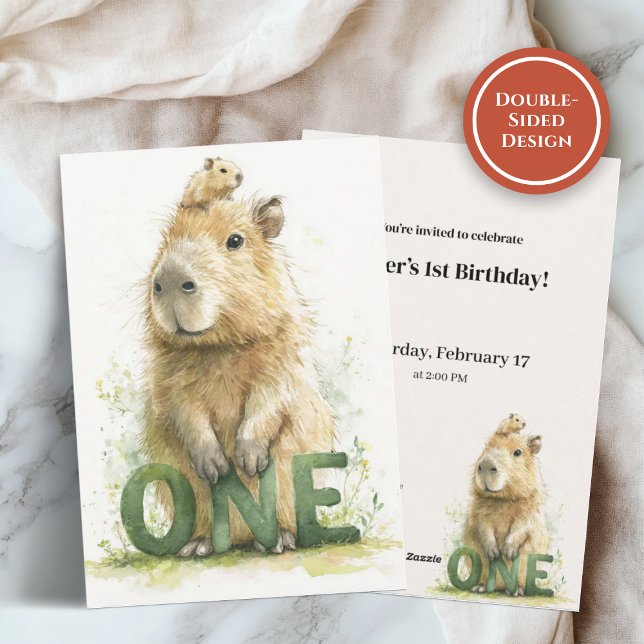 Tarjeta Festiva Woodland Capybara 1st Birthday Invitation (Watercolor capybara with green ONE letters on a soft birthday invitation background)