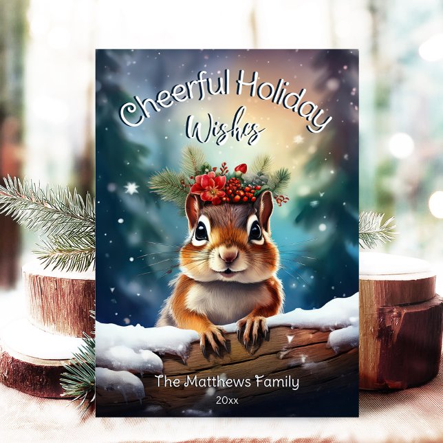 Tarjeta Festiva Woodland Chipmunk Navidades alegres (Adorable Winter Snowy Scene With Peeking Dogs or Farm/Woodland Animals - Over 50 to Choose From!)