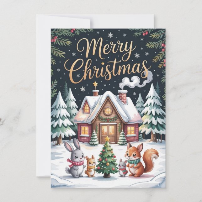 Tarjeta Festiva Woodland Christmas Cabin Card (Anverso)