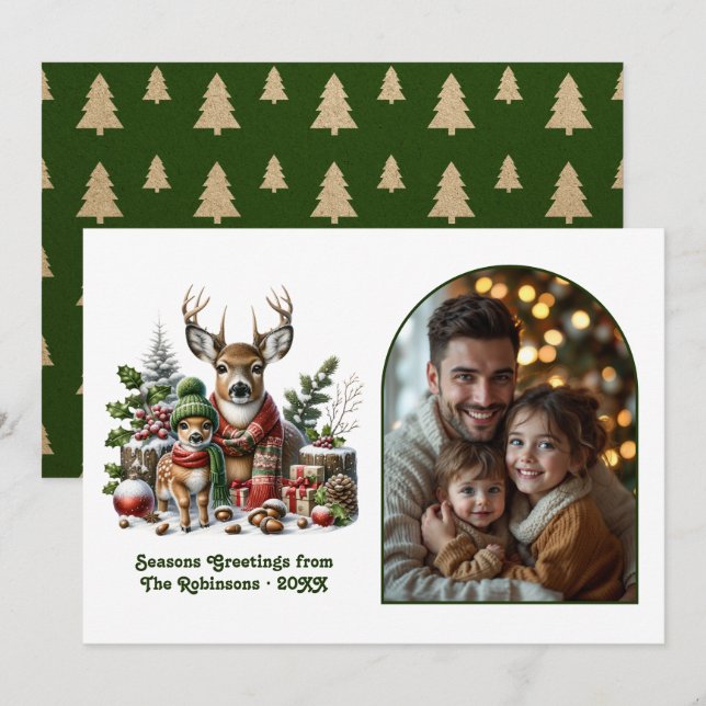 Tarjeta Festiva Woodland Deer Family Cozy Forest Christmas Photo (Anverso / Reverso)