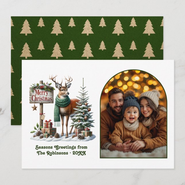 Tarjeta Festiva Woodland Deer Merry Christmas Rustic Forest Photo (Anverso / Reverso)