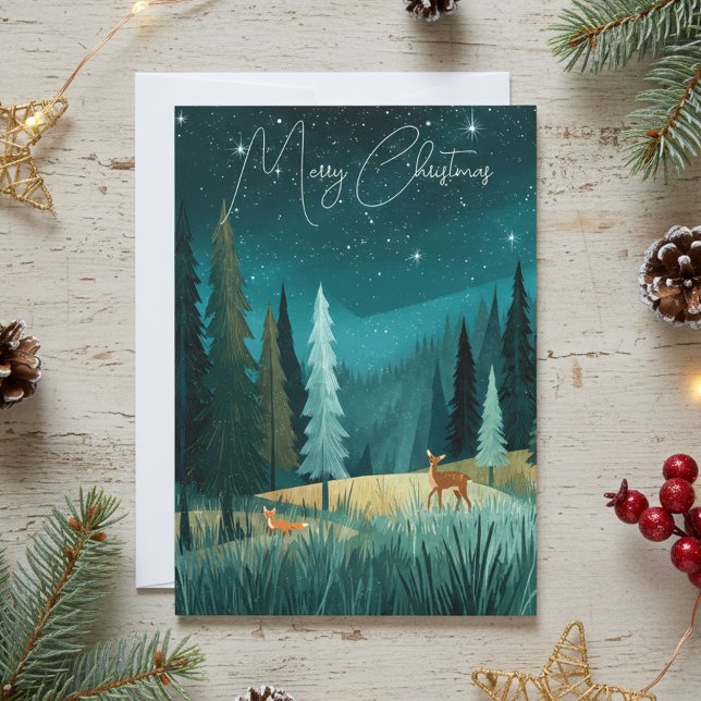 Tarjeta Festiva Woodland Evergreen Forest Holiday Scene (Subido por el creador)