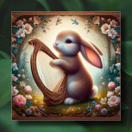 Tarjeta Festiva Woodland Fantasy Bunny Flowers Harp Easter