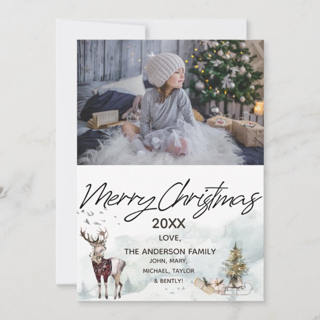 Tarjeta Festiva Woodland Forest Sled Deer Photo Merry Christmas (Anverso)