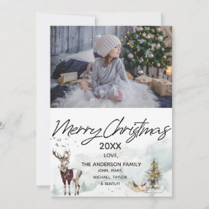 Tarjeta Festiva Woodland Forest Sled Deer Photo Merry Christmas