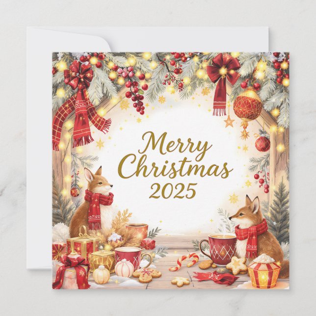 Tarjeta Festiva Woodland Foxes Custom Photo Christmas Card  (Anverso)