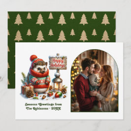 Tarjeta Festiva Woodland Hedgehog Happy Holidays Cozy Forest Photo