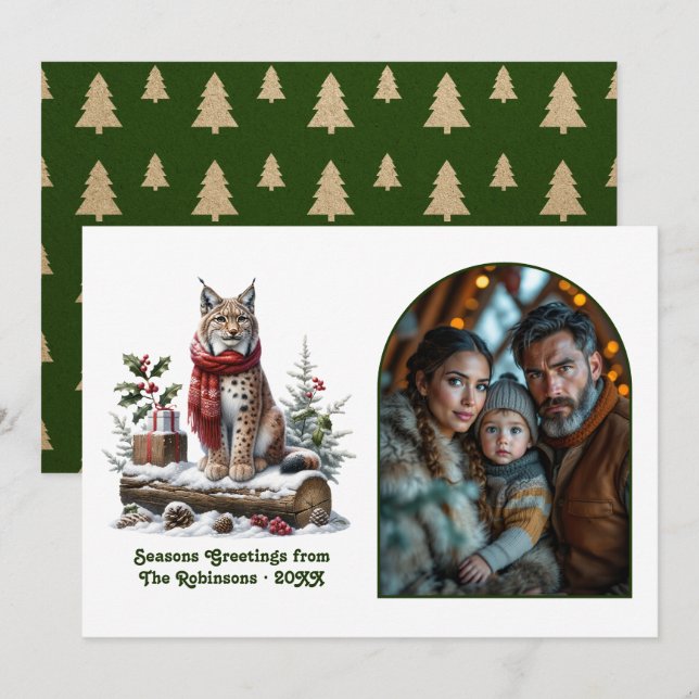 Tarjeta Festiva Woodland Lynx Rustic Forest Christmas Photo (Anverso / Reverso)