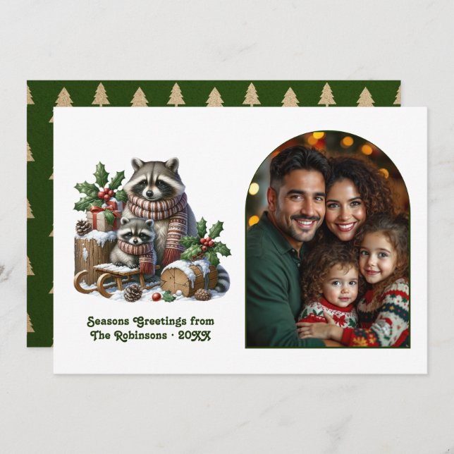Tarjeta Festiva Woodland Raccoon Family Cozy Forest Christmas (Anverso / Reverso)