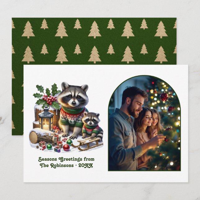 Tarjeta Festiva Woodland Raccoon Family Rustic Forest Christmas (Anverso / Reverso)