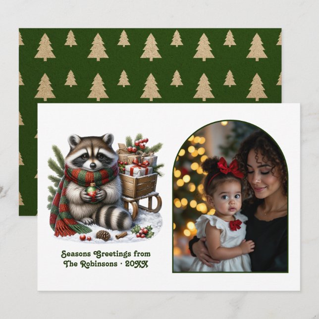 Tarjeta Festiva Woodland Raccoon Seasons Greeting Rustic Christmas (Anverso / Reverso)