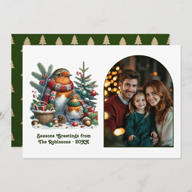 Tarjeta Festiva Woodland Robin Family Cozy Forest Christmas Photo (Anverso / Reverso)