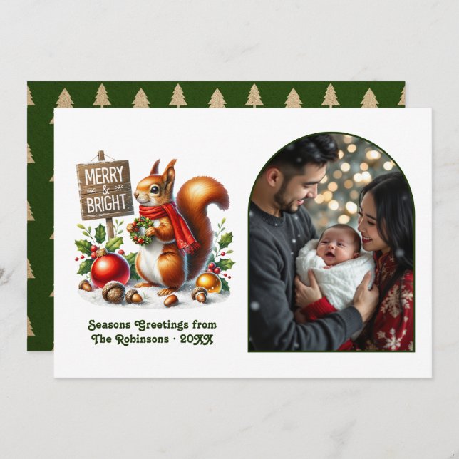 Tarjeta Festiva Woodland Squirrel Merry and Bright Forest Photo (Anverso / Reverso)