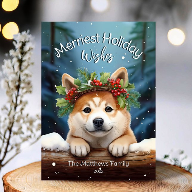 Tarjeta Festiva Woodland Winter Akita Dog Merriest Wiers (Adorable Winter Snowy Scene With Peeking Dogs or Farm/Woodland Animals - Over 50 to Choose From!)