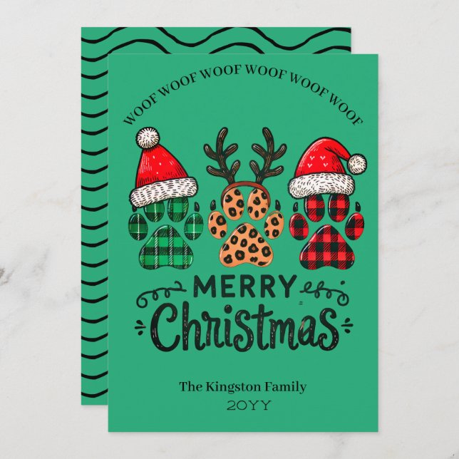 Tarjeta Festiva Woof Merry Christmas Wishes GreenHoliday Card (Anverso / Reverso)