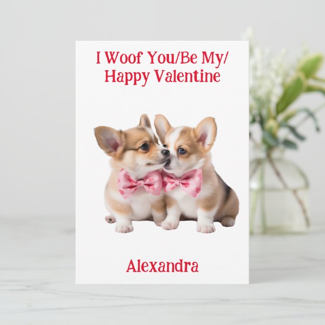 Tarjeta Festiva Woof You/Be My/Happy Valentine Corgi (Anverso de pie)