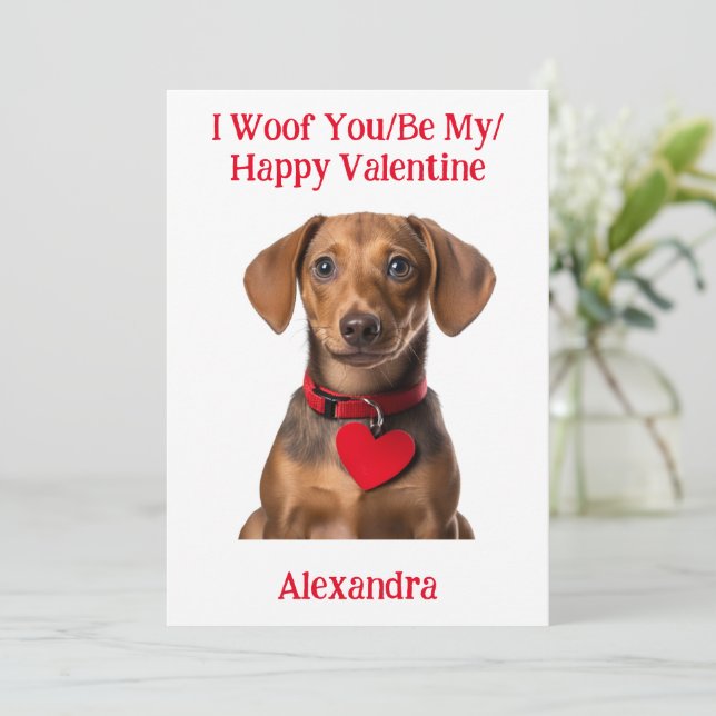 Tarjeta Festiva Woof You/Be My/Happy Valentine Dachshund Puppy (Anverso de pie)