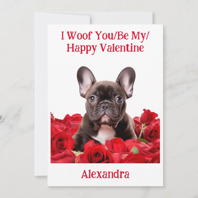 Tarjeta Festiva Woof You/Be My/Happy Valentine French Bulldog Card (Anverso)
