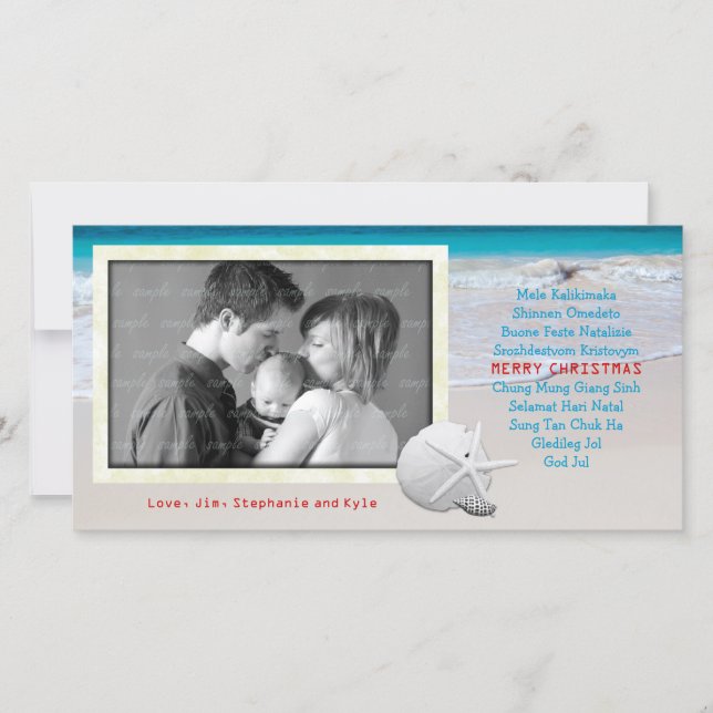 Tarjeta Festiva World Languages Merry Christmas Ocean Beach Card (Anverso)