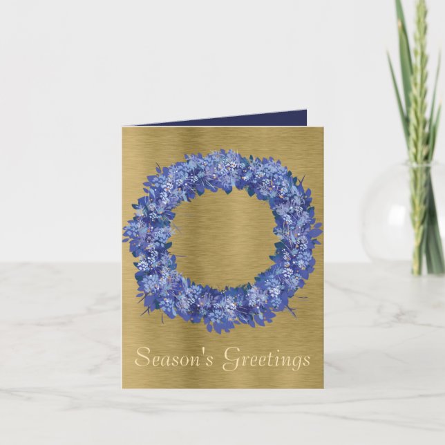 Tarjeta Festiva Wreath azul de vacaciones (Anverso)