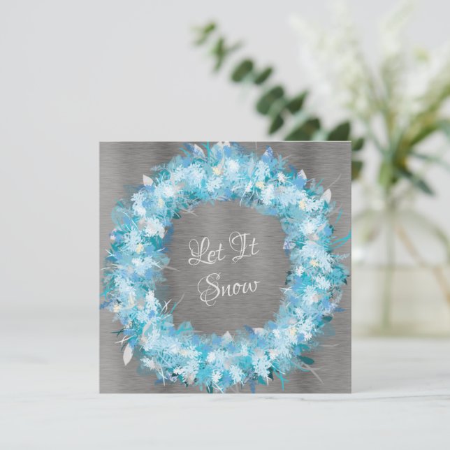 Tarjeta Festiva Wreath azul y plata para vacaciones (Anverso de pie)