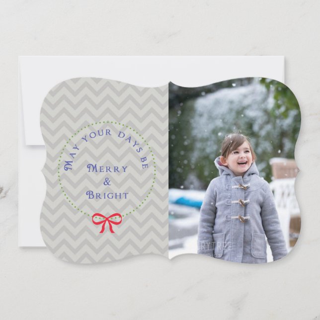 Tarjeta Festiva Wreath Chevron Christmas Photo Card (Anverso)