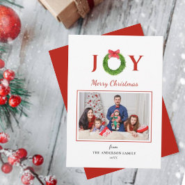 Tarjeta Festiva Wreath con la foto del feriado de "JOY" Navidades