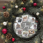 Tarjeta Festiva Wreath de alegría rusa | NAVIDADES COLLAGES DE FOT<br><div class="desc">Un diseño de tarjetas de vacaciones festivas en una forma redondeada única que incluye ocho de tus fotos favoritas dispuestas en un diseño de corona redonda acentuado por el follaje color agua verde, los conos de pino y las bayas rojas en un fondo de pizarra. "Alegría" aparece en el centro...</div>