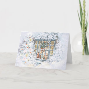 Tarjeta Festiva Wreath de la ventana del árbol de nieve de la tarj