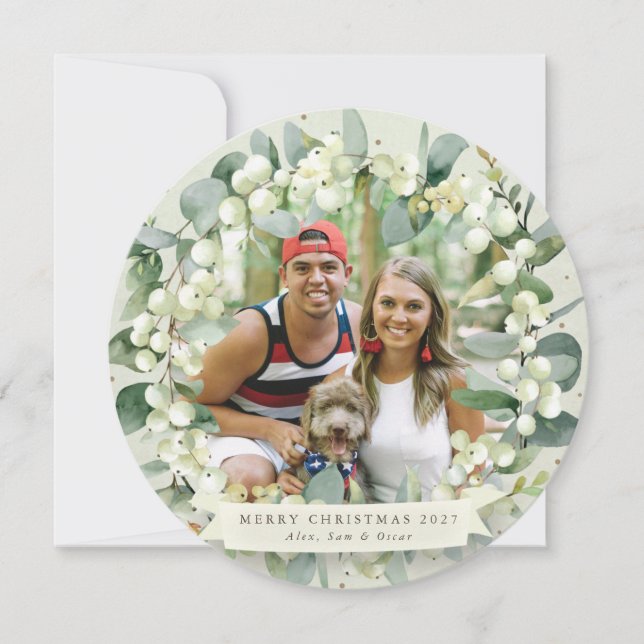 Tarjeta Festiva Wreath de los Navidades Cream Round Snowberry+Euca (Anverso)