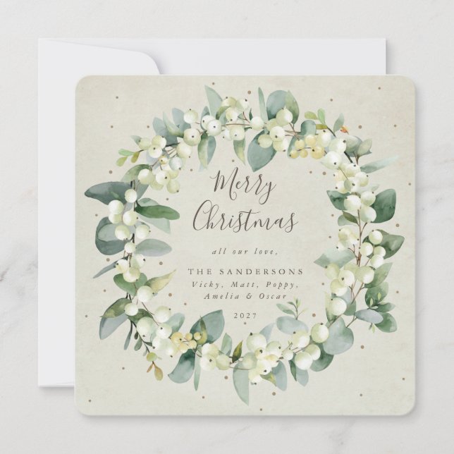 Tarjeta Festiva Wreath de los Navidades Cream Square Snowberry+Euc (Anverso)