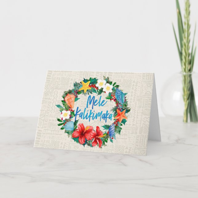 Tarjeta Festiva Wreath de los Navidades hawaianos Mele Kalikimaka (Anverso)