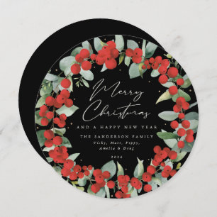 Tarjeta Festiva Wreath de Navidades Black Round Red Berry+Eucalypt