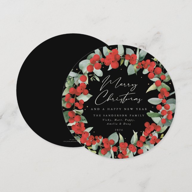 Tarjeta Festiva Wreath de Navidades Black Round Red Berry+Eucalypt (Anverso / Reverso)