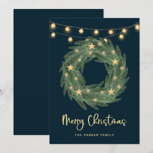 Tarjeta Festiva Wreath de navidades con luces de cuerda de oro sob